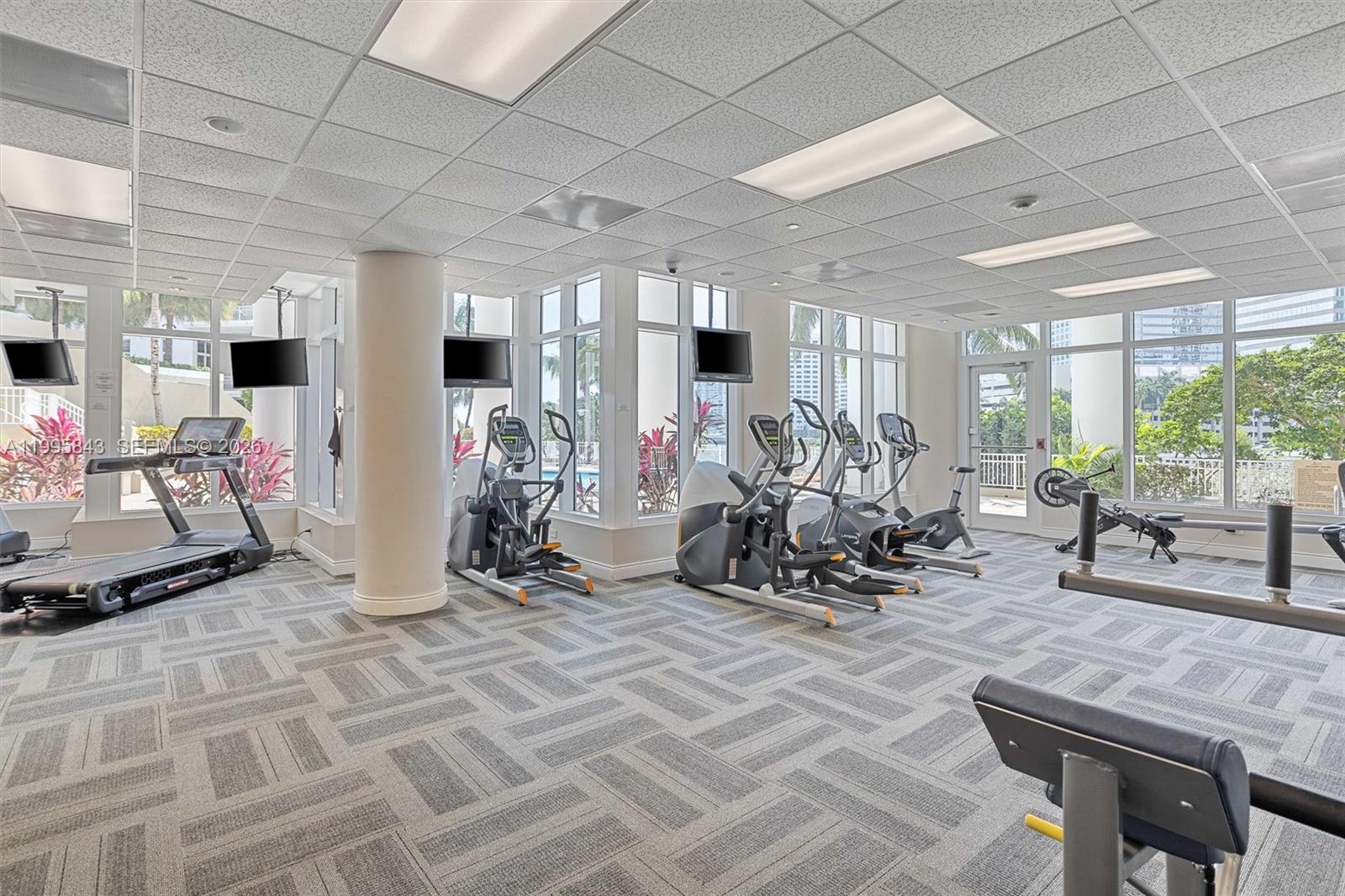 A fitness center features various cardio machines, carpeted flooring, and large windows overlooking outdoor greenery — 801 Brickell Key Blvd # 1204, Miami FL 33131, MIAMI, FL