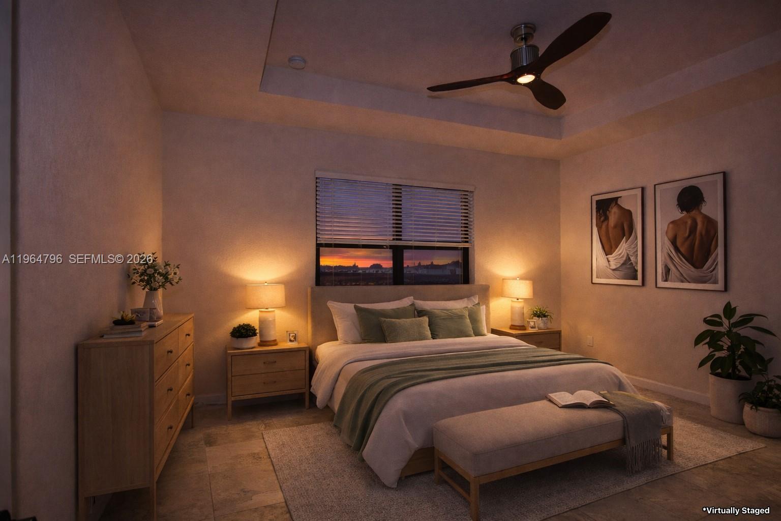 A virtually staged bedroom features a queen bed, two nightstands, a dresser, and a ceiling fan — 526 SE 35th Ave, Homestead FL 33033, HOMESTEAD, FL