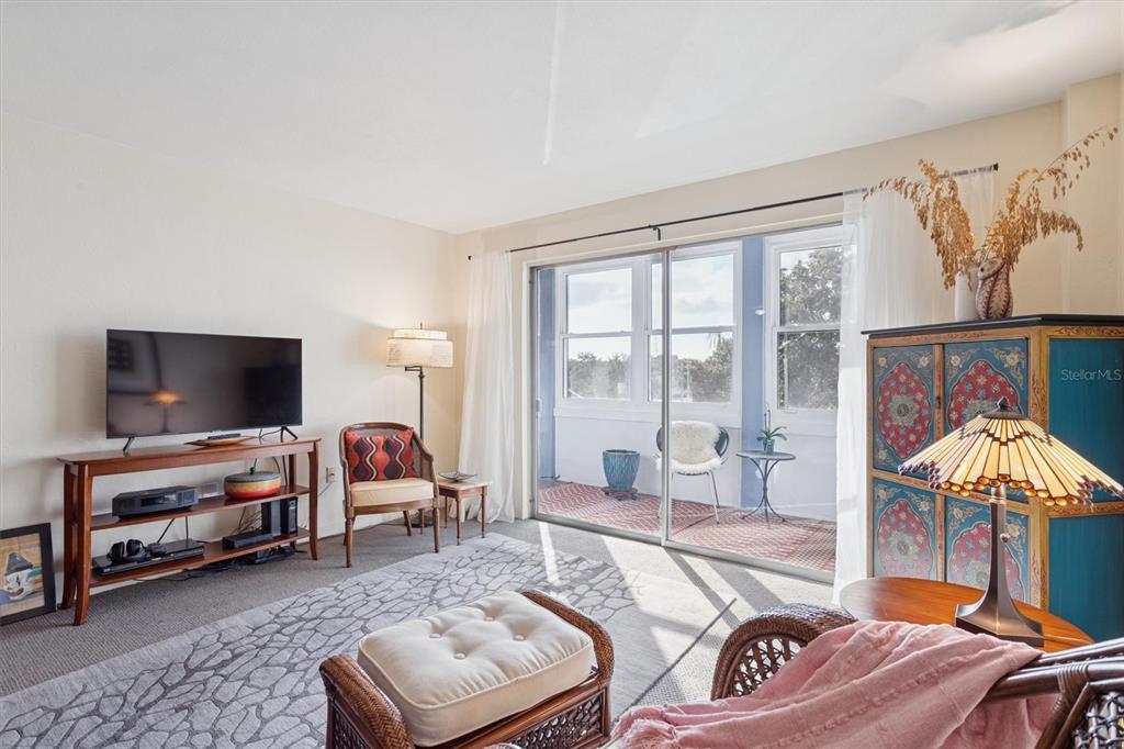 A living room features a television console, an area rug, and a sliding glass door — 841 4TH AVENUE N UNIT 32, ST PETERSBURG, FL