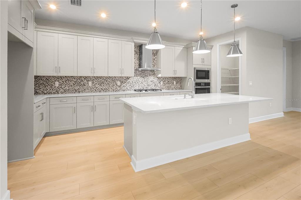 A modern kitchen features white cabinetry, a central island, stainless steel appliances, and light wood flooring — 1620 BELLAGIO LOOP, TAVARES, FL