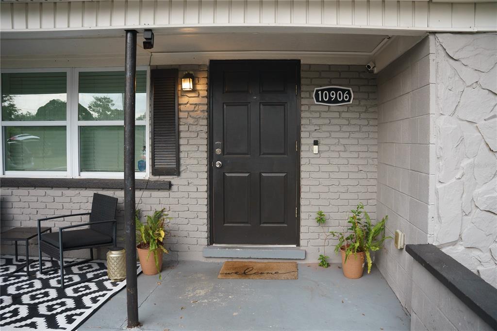A front porch features a black door, gray brick walls, and two potted plants — 10906 N LANTANA AVENUE, TAMPA, FL