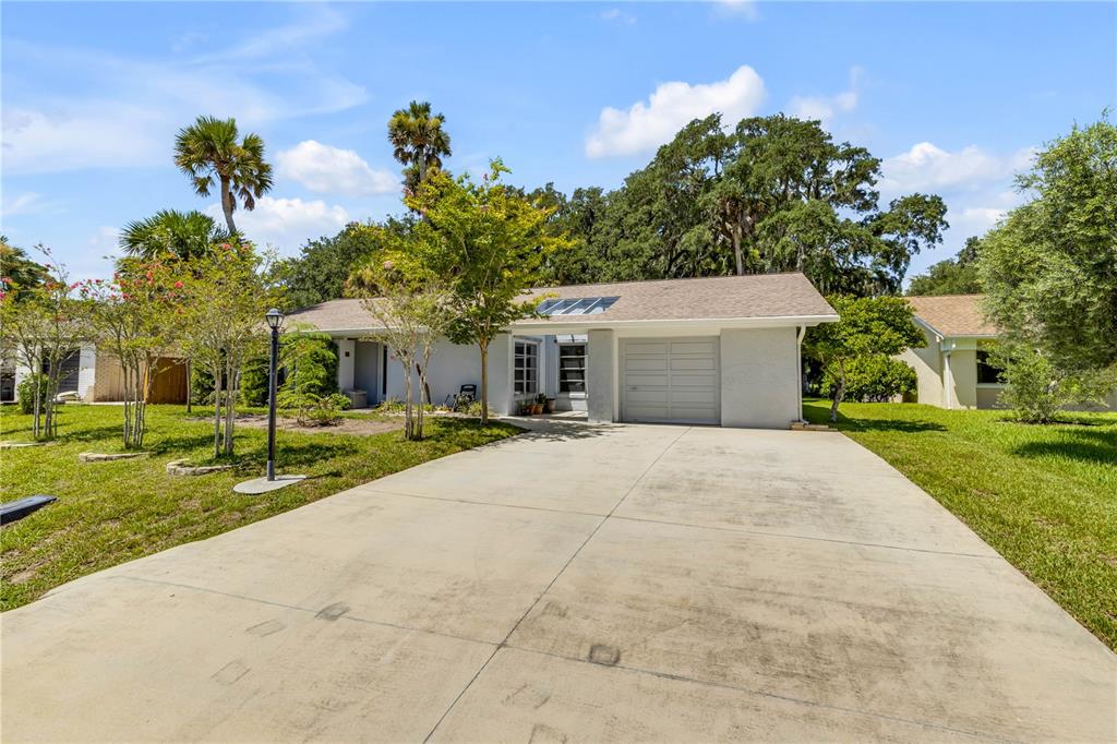 A single-story house with a concrete driveway, a one-car garage, and surrounding trees — 19 CROMPTON PLACE, PALM COAST, FL