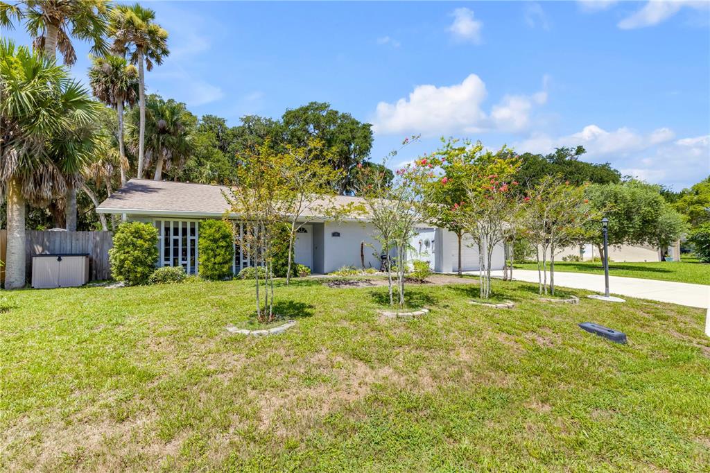 A single-story house with a light-colored exterior, a driveway, and several trees in the yard — 19 CROMPTON PLACE, PALM COAST, FL