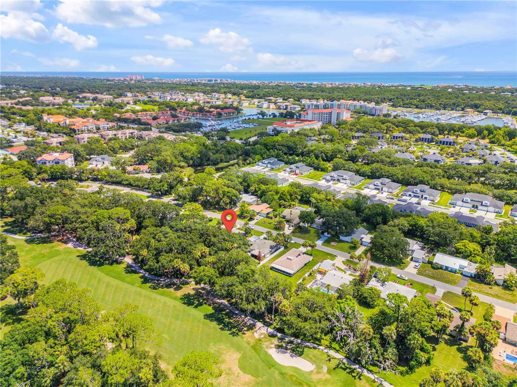 An aerial view of a residential neighborhood with a red location pin on a house — 19 CROMPTON PLACE, PALM COAST, FL