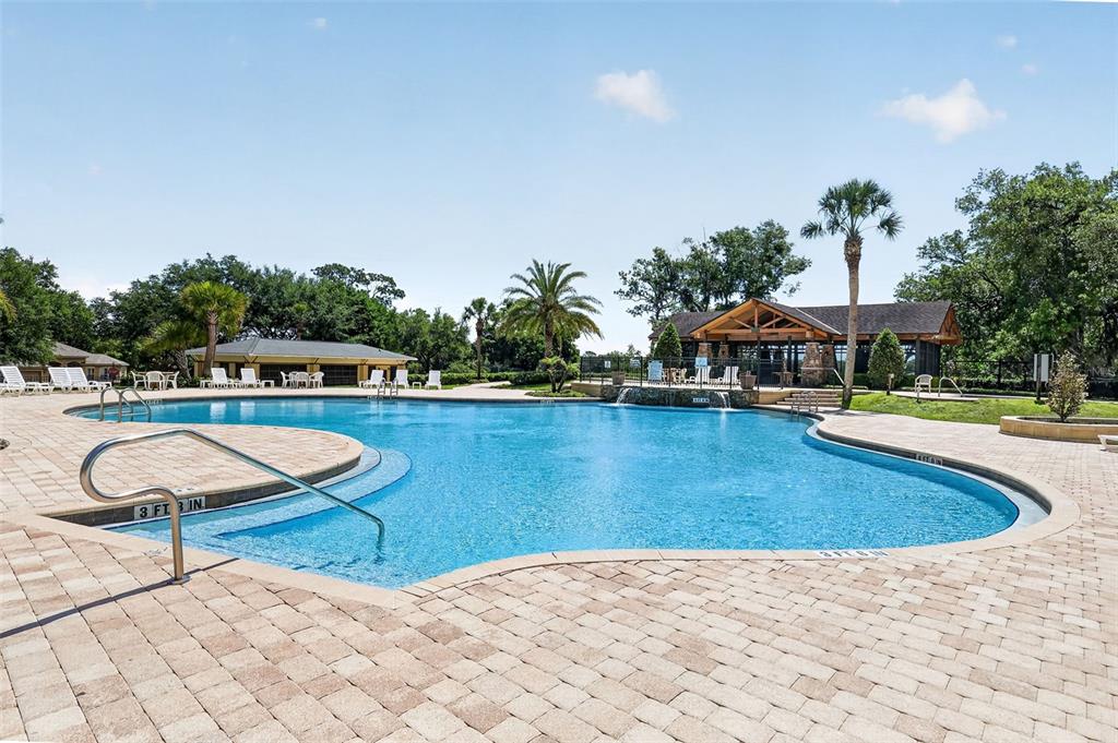 A large outdoor swimming pool with a stone deck, palm trees, and a covered pavilion — 34040 ALAMEDA DRIVE, SORRENTO, FL