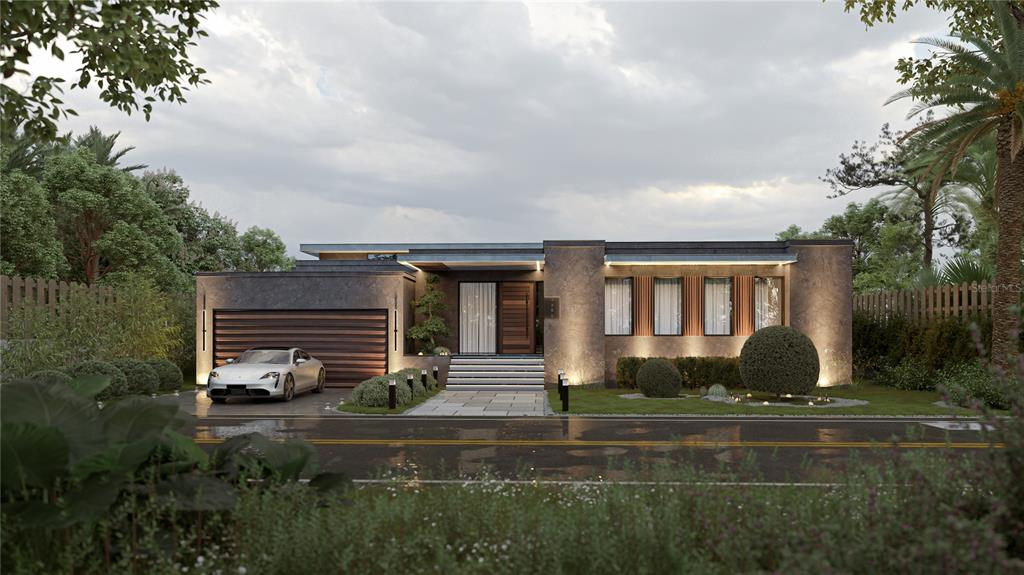 This is a rendering of a modern single-story house with a garage and stone facade — 2065 VIA ESPLANADE, PUNTA GORDA, FL