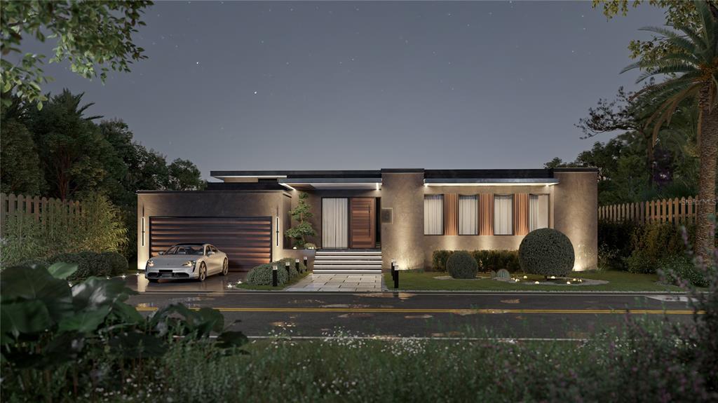 A rendering of a modern single-story house at night with a garage and paved walkway — 2065 VIA ESPLANADE, PUNTA GORDA, FL