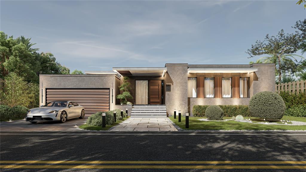 A rendering of a modern single-story house with a garage, stone facade, and landscaped yard — 2065 VIA ESPLANADE, PUNTA GORDA, FL
