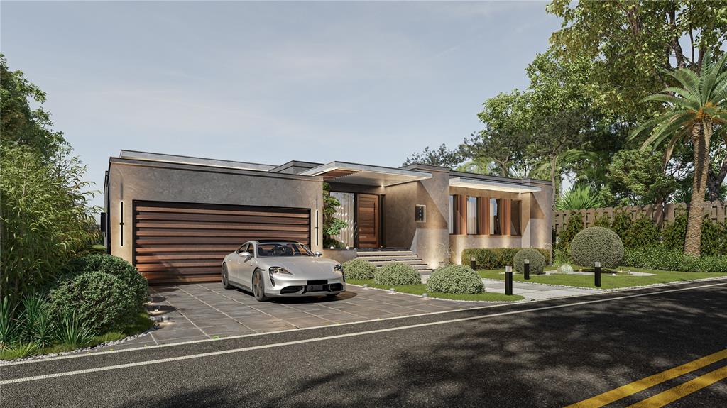 This architectural rendering shows a modern single-story house with a garage and a parked car — 2065 VIA ESPLANADE, PUNTA GORDA, FL