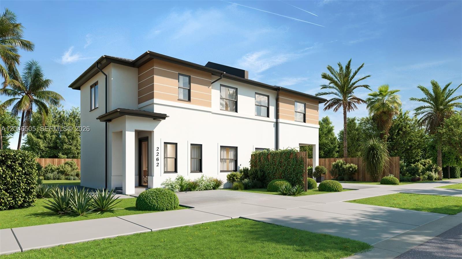 This is a digital rendering of a modern two-story duplex with a white exterior — 2263 NW 80 St, Miami FL 33147, MIAMI, FL