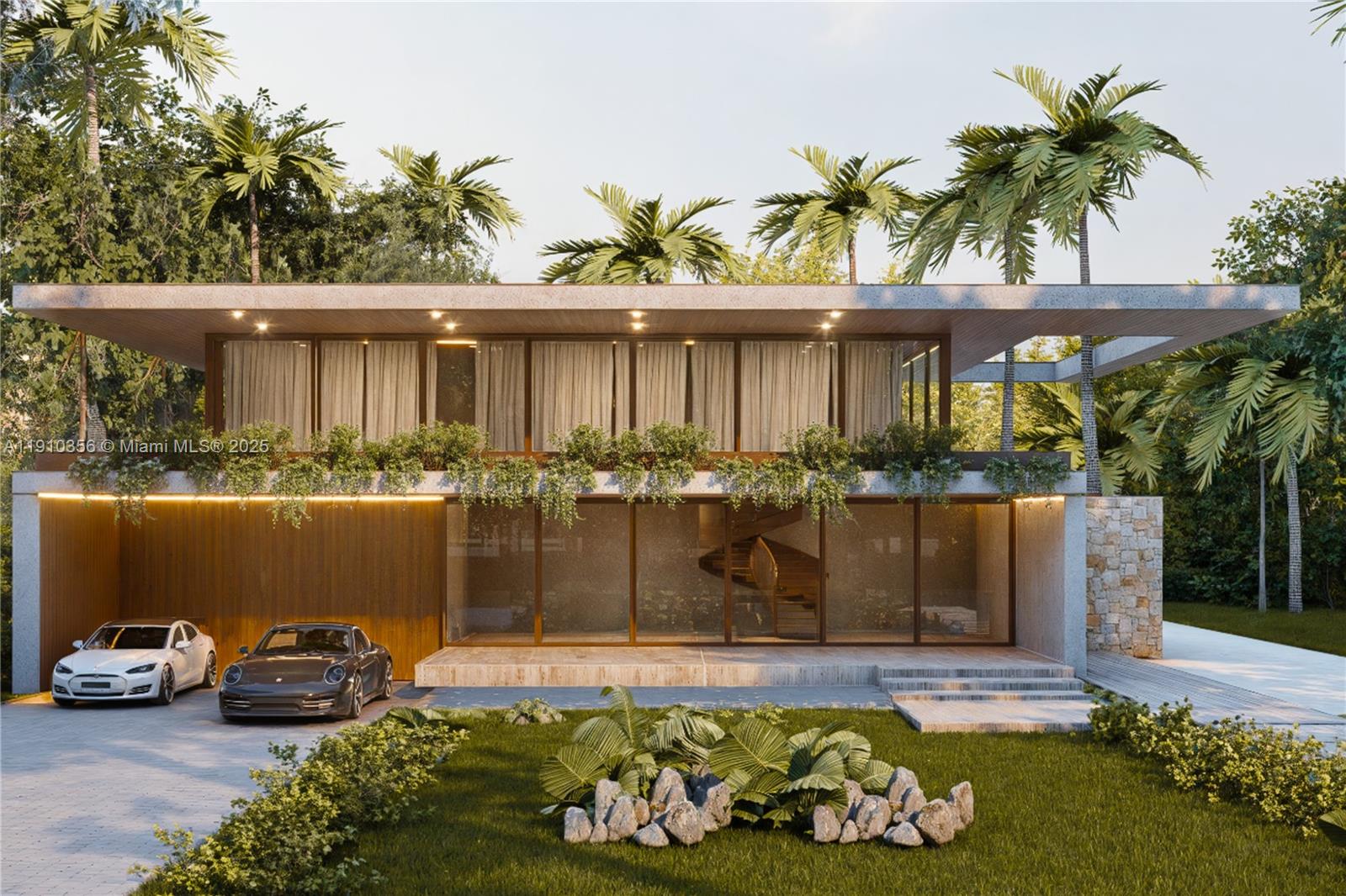 A rendering of a modern two-story house with a flat roof, glass walls, and palm trees — 12500 Alamanda Dr, North Miami FL 33181, NORTH MIAMI, FL