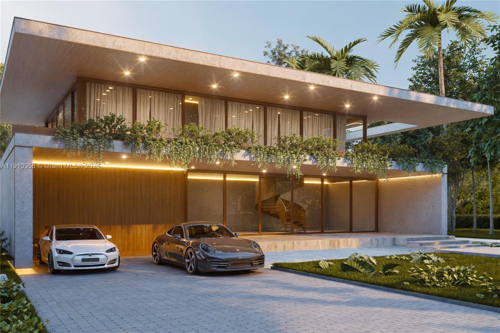 This is a rendering of a modern two-story house with a driveway and two cars — 12500 Alamanda Dr, North Miami FL 33181, NORTH MIAMI, FL