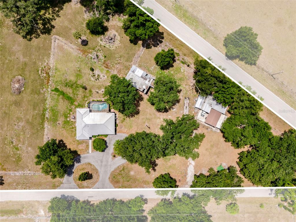 An aerial view shows a house with a pool, outbuildings, and trees on a rural lot — 2087 SW GARNER AVENUE, ARCADIA, FL