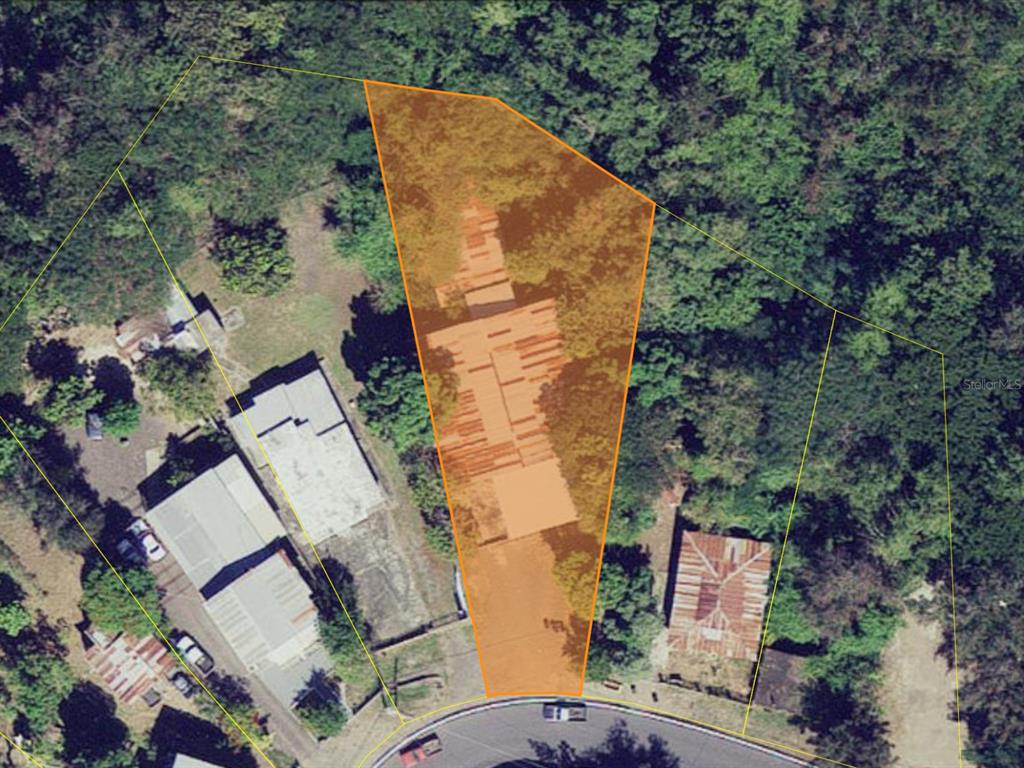 An aerial view shows a highlighted lot with a structure nestled among dense trees — Barrio Quebrada Yeguas LA PLENA 94, SALINAS, PR