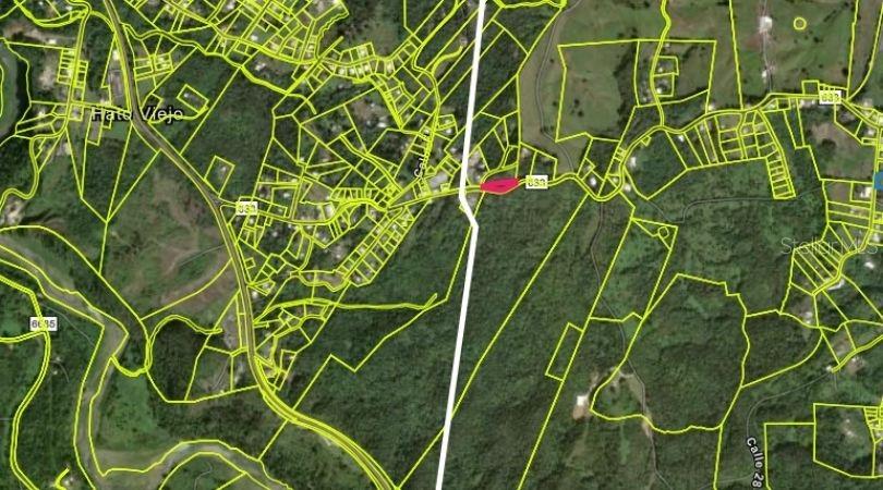 This is a satellite map showing property boundaries and roads in a rural area — PR-633 KM 0.9 BO. BARAHONA WD,, MOROVIS, PR