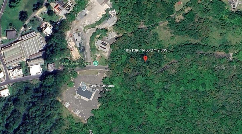 This is a satellite map view showing a wooded lot near a church and buildings — PR-633 KM 0.9 BO. BARAHONA WD,, MOROVIS, PR