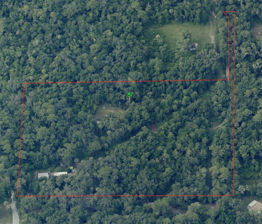 An aerial view shows a rectangular plot of land outlined in red amidst dense forest — 1746 S PALM AVENUE, HOMOSASSA, FL