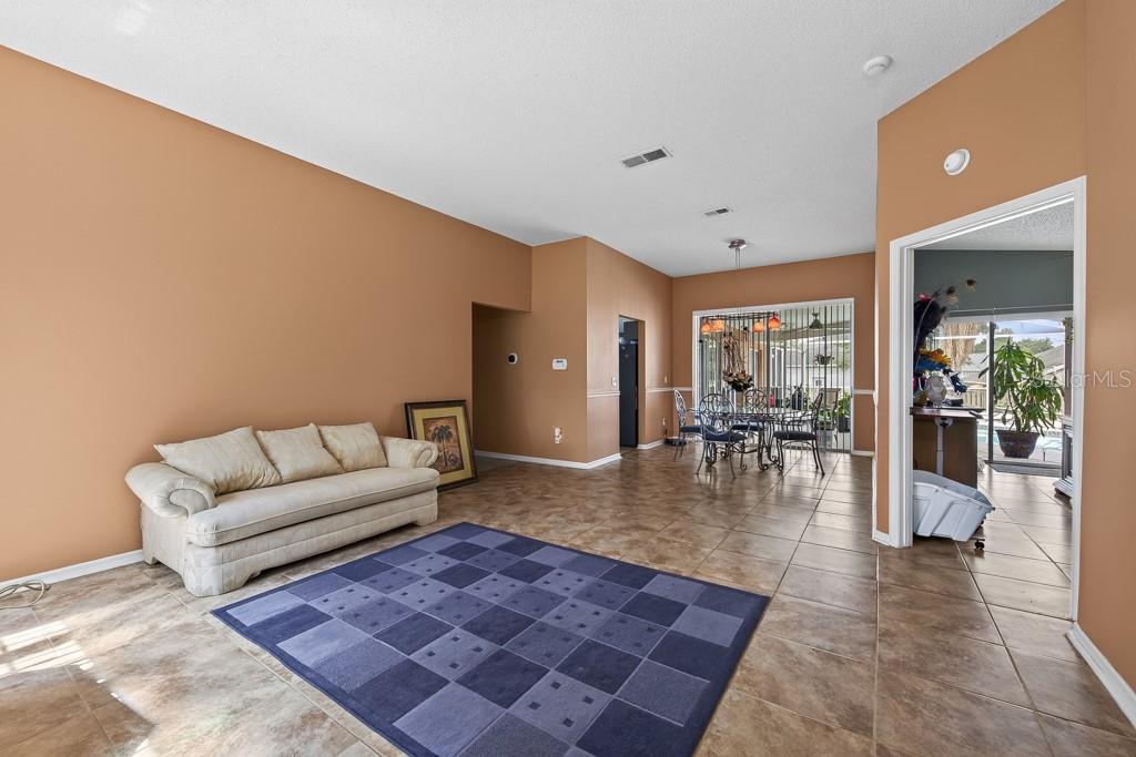 A living room with tan walls, tile flooring, a blue area rug, and a dining area — 4609 OAK RIVER CIRCLE, VALRICO, FL