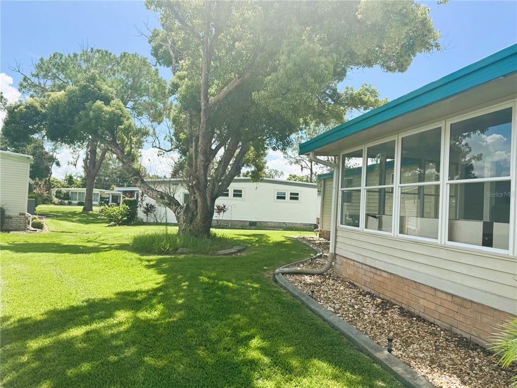 A grassy yard features a large tree next to a house with a screened porch — 136 DOGWOOD TRAIL, LEESBURG, FL