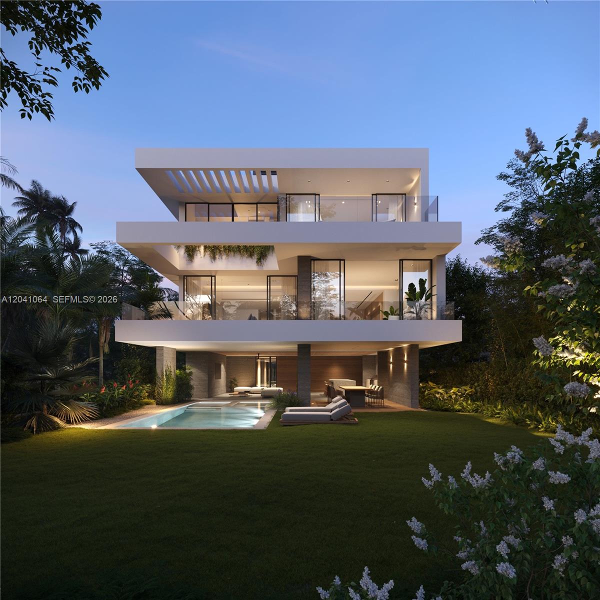 This is a rendering of a modern three-story house with a swimming pool and lawn — 1155 NE 89th St, Miami FL 33138, MIAMI, FL