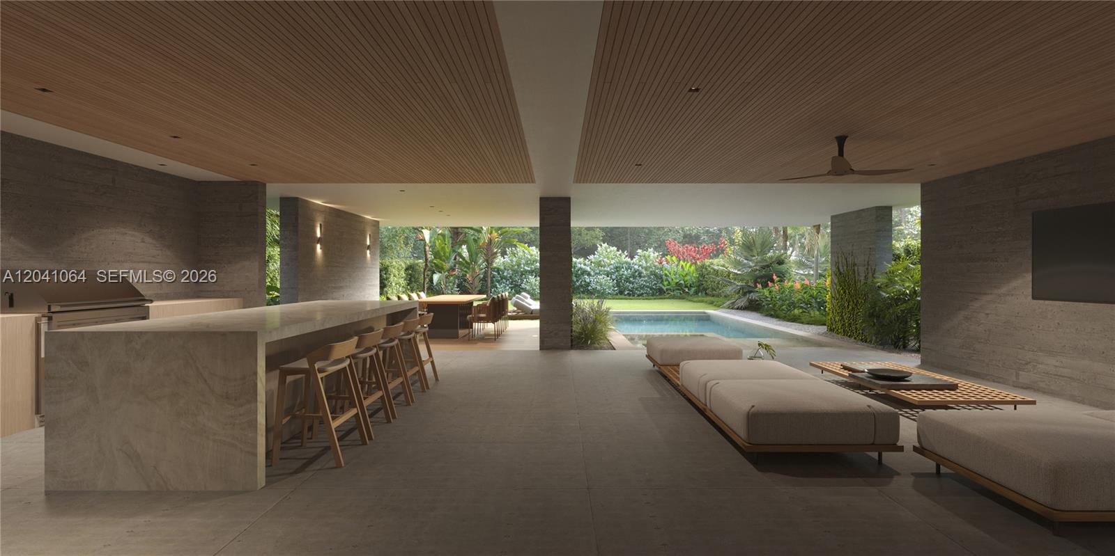 This rendering shows an open-air patio with a stone bar, seating area, and swimming pool — 1155 NE 89th St, Miami FL 33138, MIAMI, FL