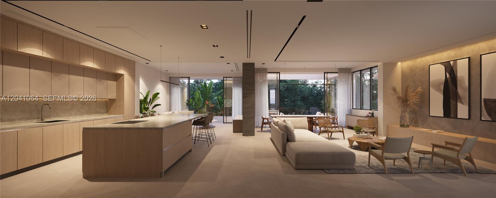 This rendering shows an open-concept kitchen and living area with light wood cabinetry — 1155 NE 89th St, Miami FL 33138, MIAMI, FL
