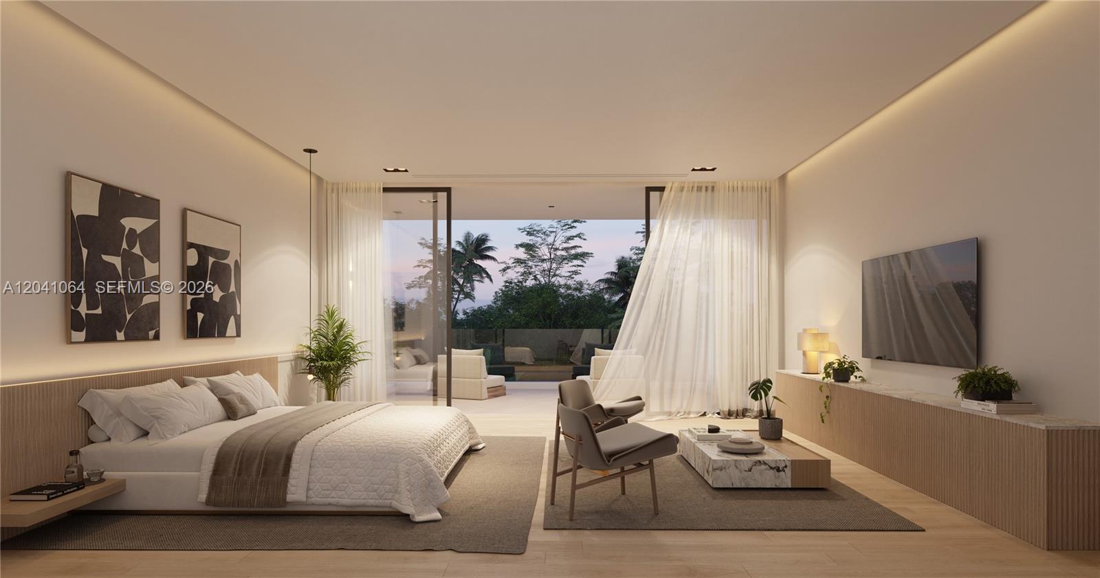 This rendering shows a modern bedroom with a balcony, neutral decor, and a television — 1155 NE 89th St, Miami FL 33138, MIAMI, FL