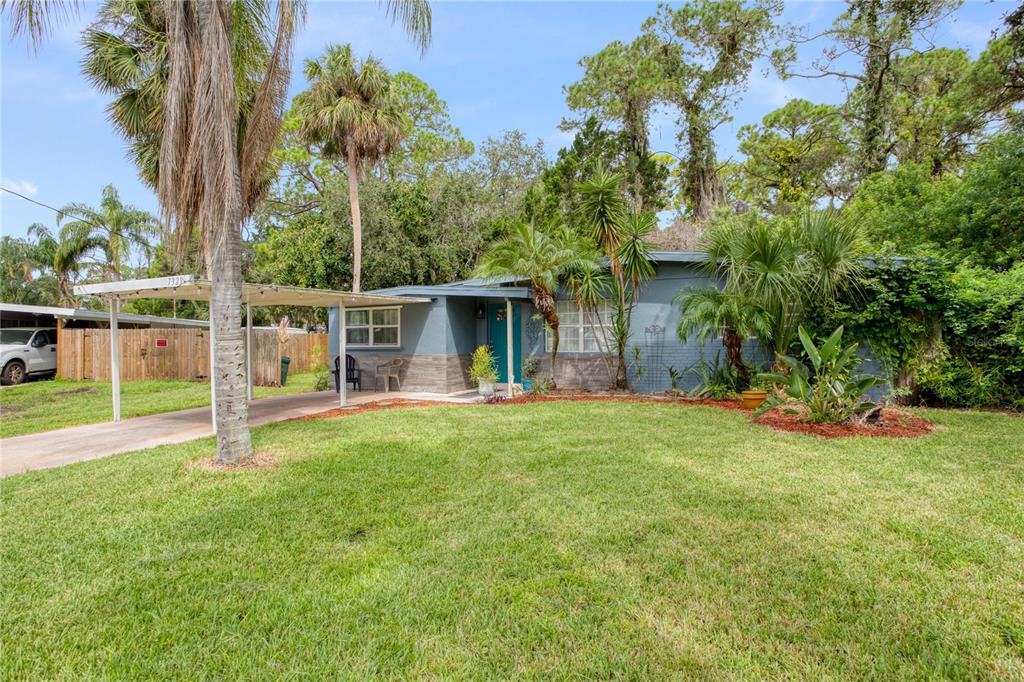 A single-story gray house with a carport, a front lawn, and various palm trees — 7329 ROYAL PALM DRIVE, NEW PORT RICHEY, FL