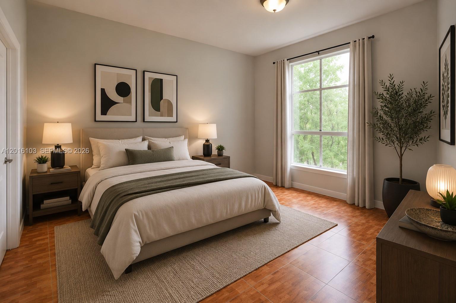 This is a rendering of a bedroom featuring a bed, nightstands, and a large window — 7400 W 20th Ave # 312, Hialeah FL 33016, HIALEAH, FL