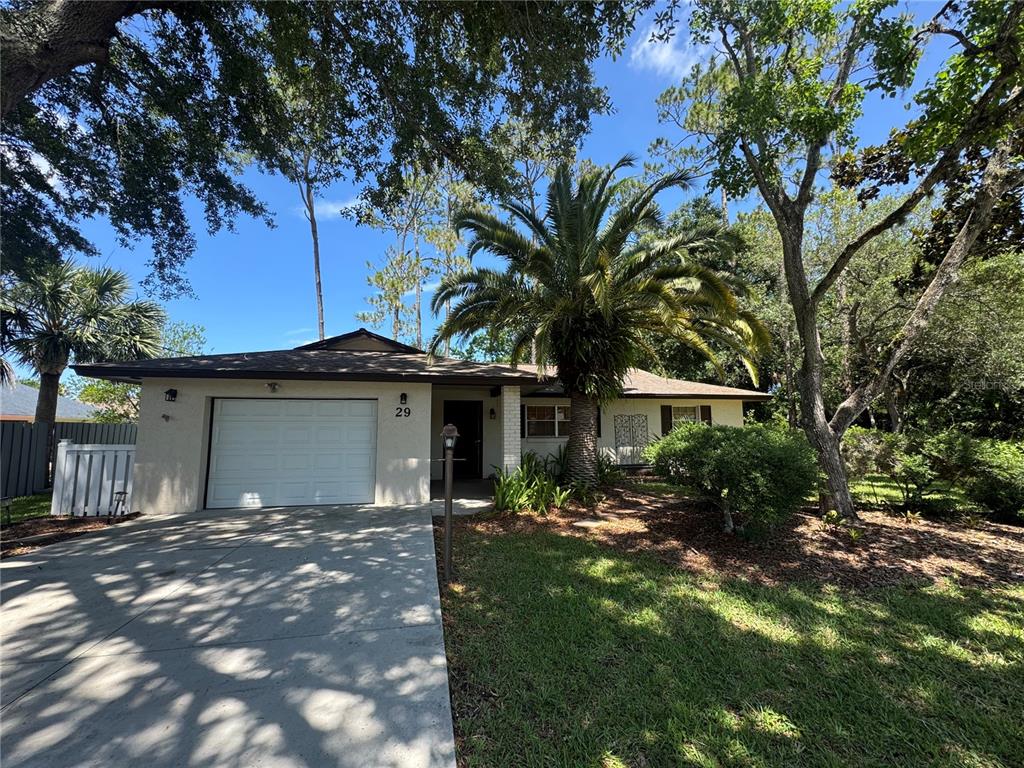 A single-story house with a white garage, a large palm tree, and surrounding trees — 29 FOXHALL LANE, PALM COAST, FL