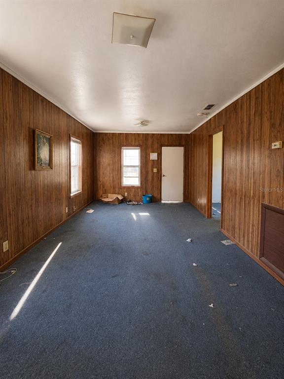 A long room with wood-paneled walls, blue carpeting, and two ceiling light fixtures — 710 SEMINOLE STREET, WAUCHULA, FL