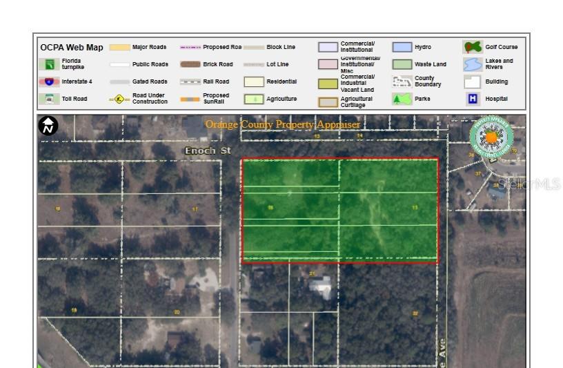 This is a property map showing a rectangular parcel of land highlighted in green — S WASHINGTON AVENUE, APOPKA, FL