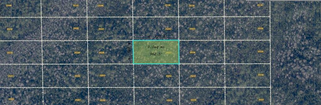 This is an aerial map showing a highlighted rectangular plot of land with dimensions — DILL ROAD, ORLANDO, FL