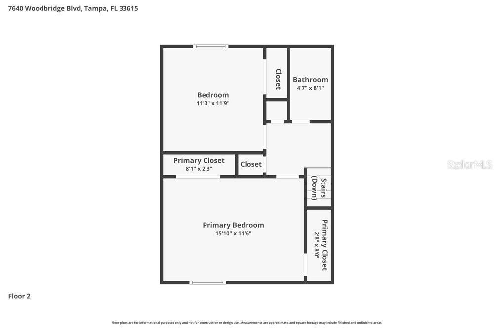 This is a floor plan showing the layout of a second floor with two bedrooms — 7640 WOODBRIDGE BOULEVARD, TAMPA, FL