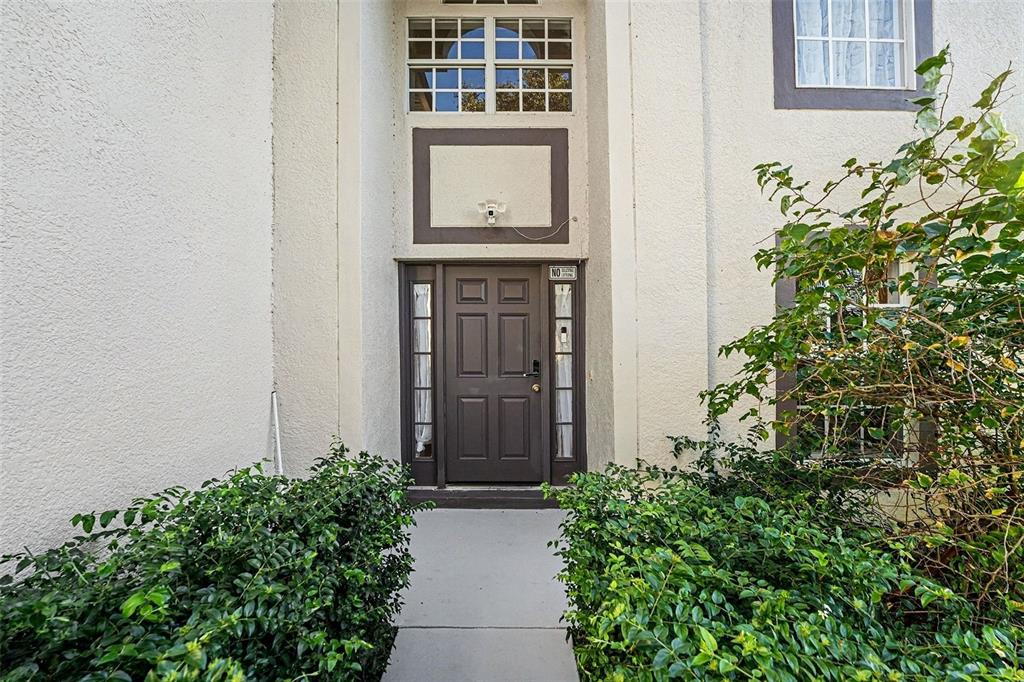 A brown front door with sidelights is centered between two bushes on a concrete walkway — 2355 ANDREWS VALLEY DRIVE, KISSIMMEE, FL