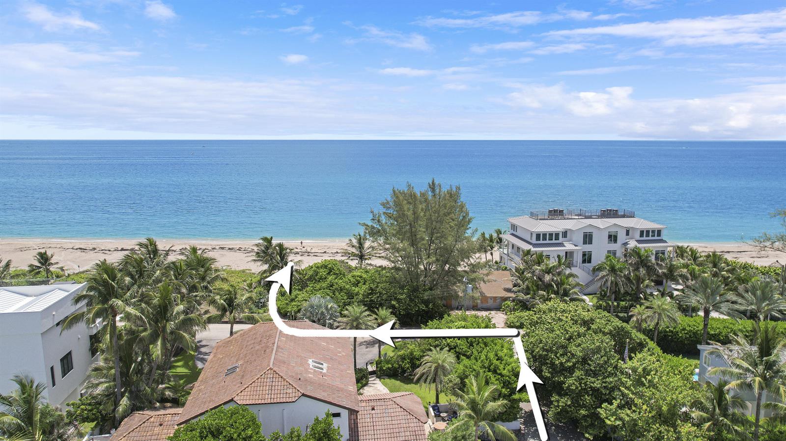 An aerial view shows a coastal property with a tiled roof house and beach access — 24 Douglas Drive, Ocean Ridge FL 33435, OCEAN RIDGE, FL