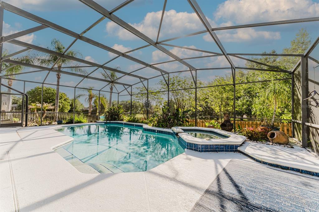 A screened-in swimming pool and attached hot tub sit on a concrete patio — 3645 ROCHELLE LANE, APOPKA, FL