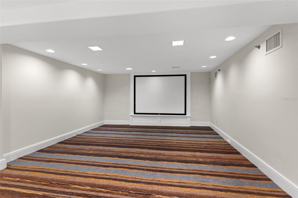 A basement media room features a projector screen, recessed lighting, and striped wall-to-wall carpeting — 1121 E TWIGGS STREET 2ND FLR, TAMPA, FL