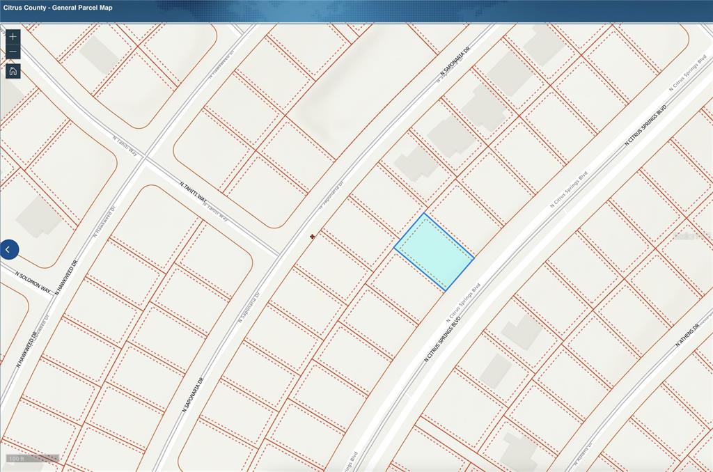 This is a digital parcel map showing property lines and street names in Citrus County — 9200 N CITRUS SPRINGS BOULEVARD, CITRUS SPRINGS, FL