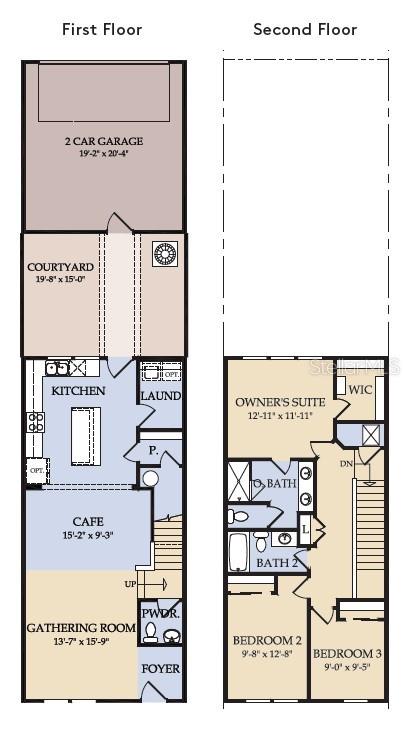 This floor plan shows a two-story home with a garage, courtyard, and three bedrooms — 4596 ORCHARD VIEW ALLEY, CLERMONT, FL
