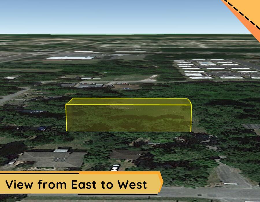 An aerial rendering shows a rectangular yellow highlighted area over a wooded lot — 0 W University Avenue, Deland FL 32720, DELAND, FL