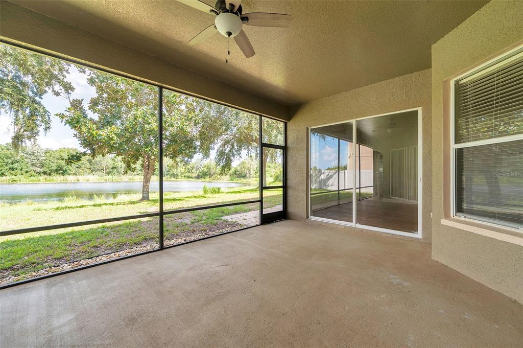 A covered, screened-in patio features a ceiling fan, concrete flooring, and views of a pond — 4812 WALNUT RIDGE ROAD, LAND O LAKES, FL