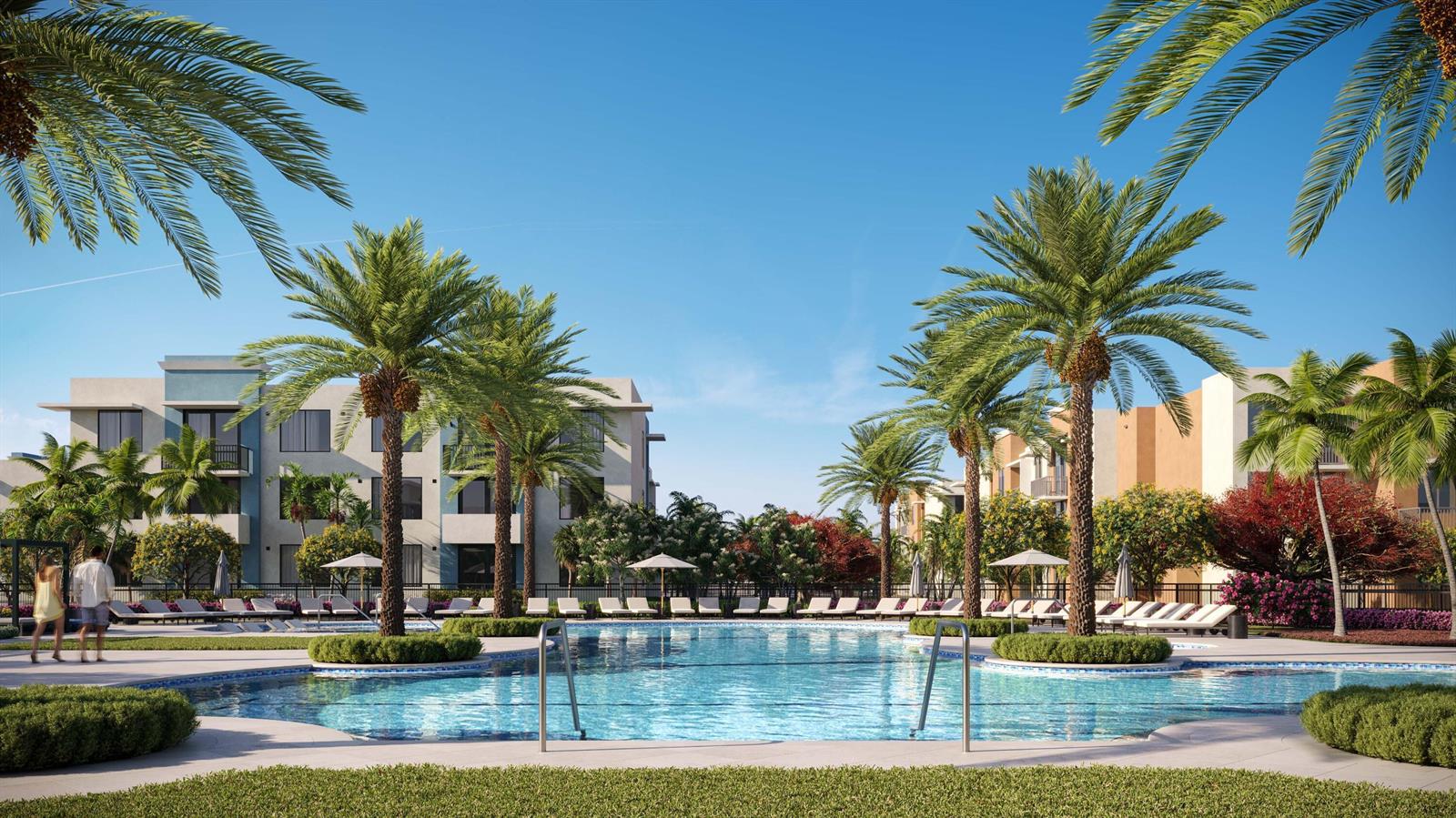 This rendering shows a resort-style swimming pool surrounded by palm trees and multi-story apartment buildings — 7200 W 4th Avenue # 315, Hialeah FL 33014, HIALEAH, FL