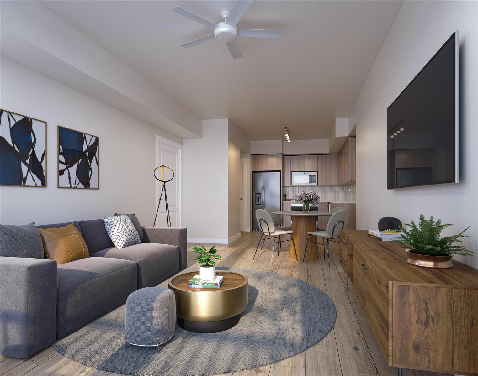 This rendering shows an open-concept living room and kitchen with wood floors and modern furniture — 7200 W 4th Avenue # 315, Hialeah FL 33014, HIALEAH, FL