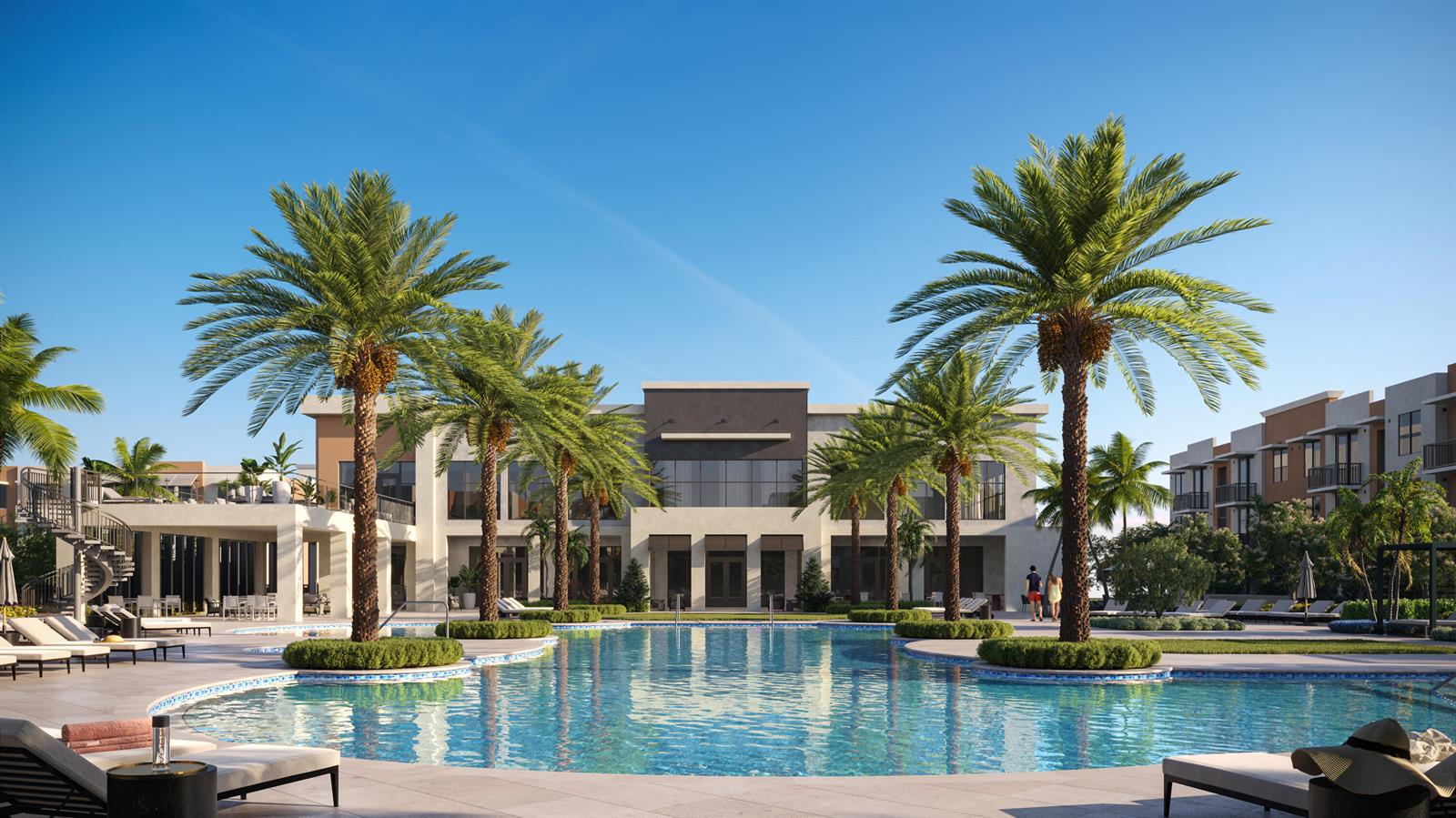 This is a rendering of a swimming pool in front of a modern apartment clubhouse — 7200 W 4th Avenue # 315, Hialeah FL 33014, HIALEAH, FL