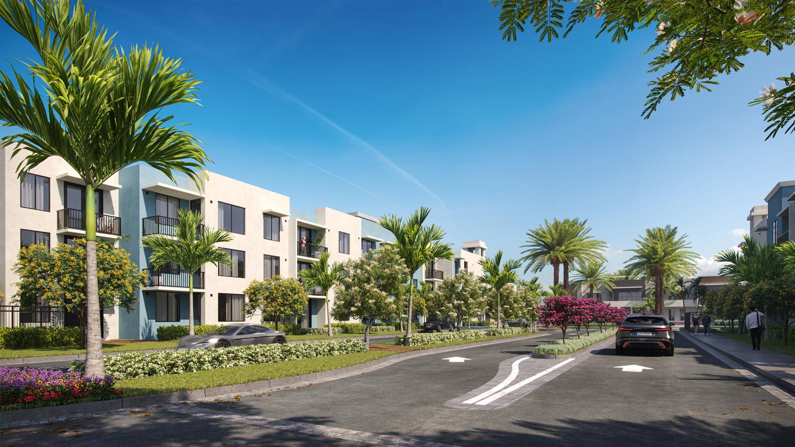 This architectural rendering shows a modern apartment complex with palm trees and a paved road — 7200 W 4th Avenue # 315, Hialeah FL 33014, HIALEAH, FL
