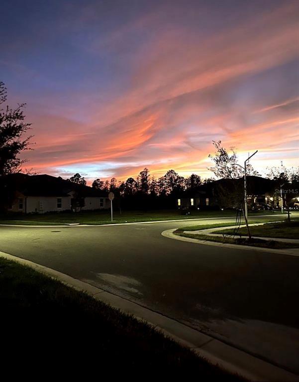 A suburban street corner at dusk with houses and a vibrant sunset in the sky — 16890 FORGE SURF STREET, LAND O LAKES, FL