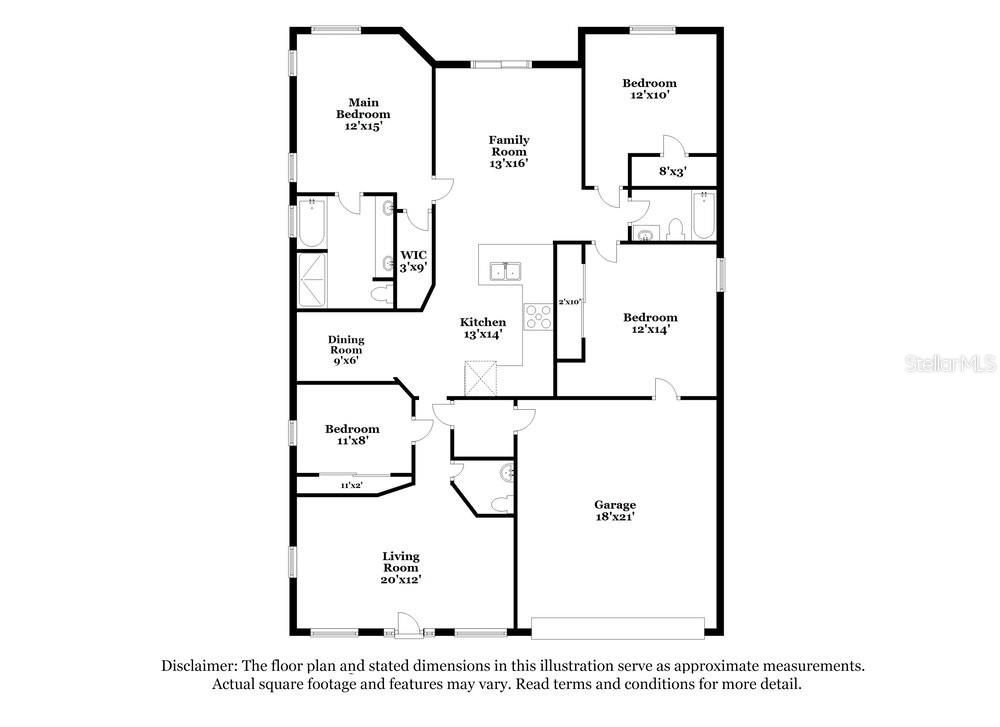 This is a floor plan showing a house with three bedrooms, a garage, and a kitchen — 1814 MADISON IVY CIRCLE, APOPKA, FL