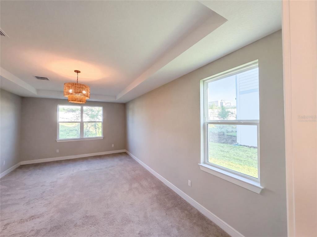 An empty bedroom features beige walls, neutral carpeting, a tray ceiling, and two windows — 15173 WILLOW RIDGE DRIVE, MONTVERDE, FL
