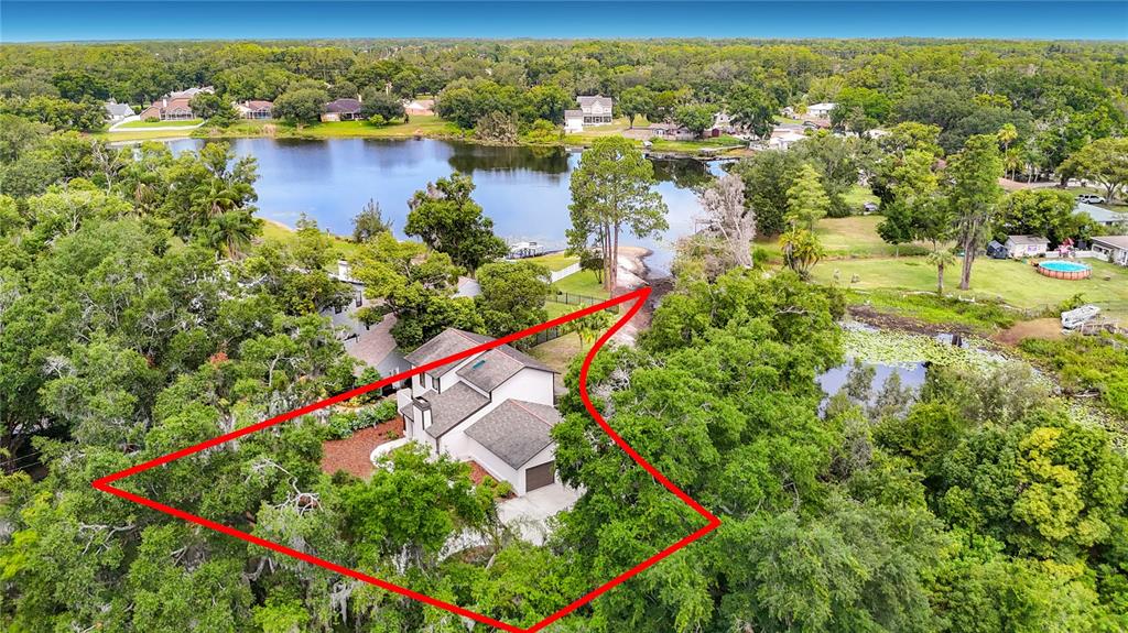 An aerial view shows a two-story house surrounded by trees near a lake — 87 1ST AVENUE NW, LUTZ, FL